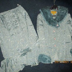 Ladies Two Piece Formal Suit Removable Collar and Cuffs   Teal   Brocade Woven